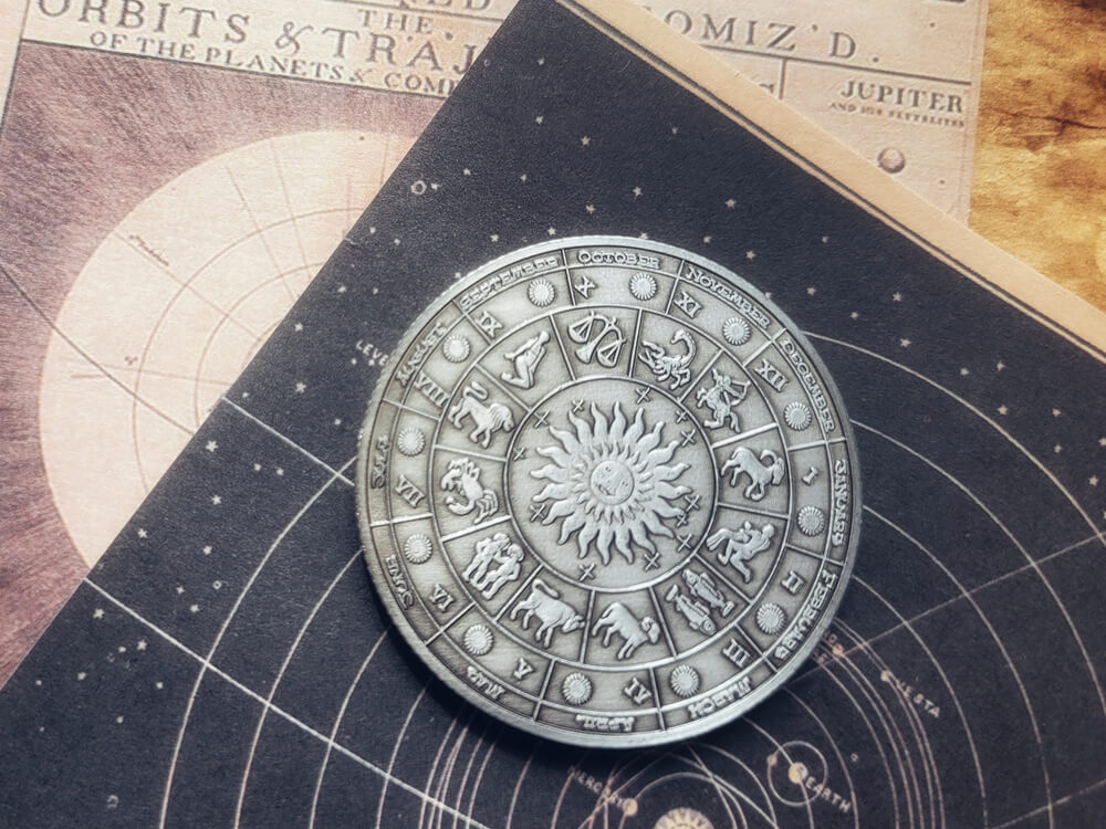 黄道十二宮のシンボルが刻まれた占星術の円盤
